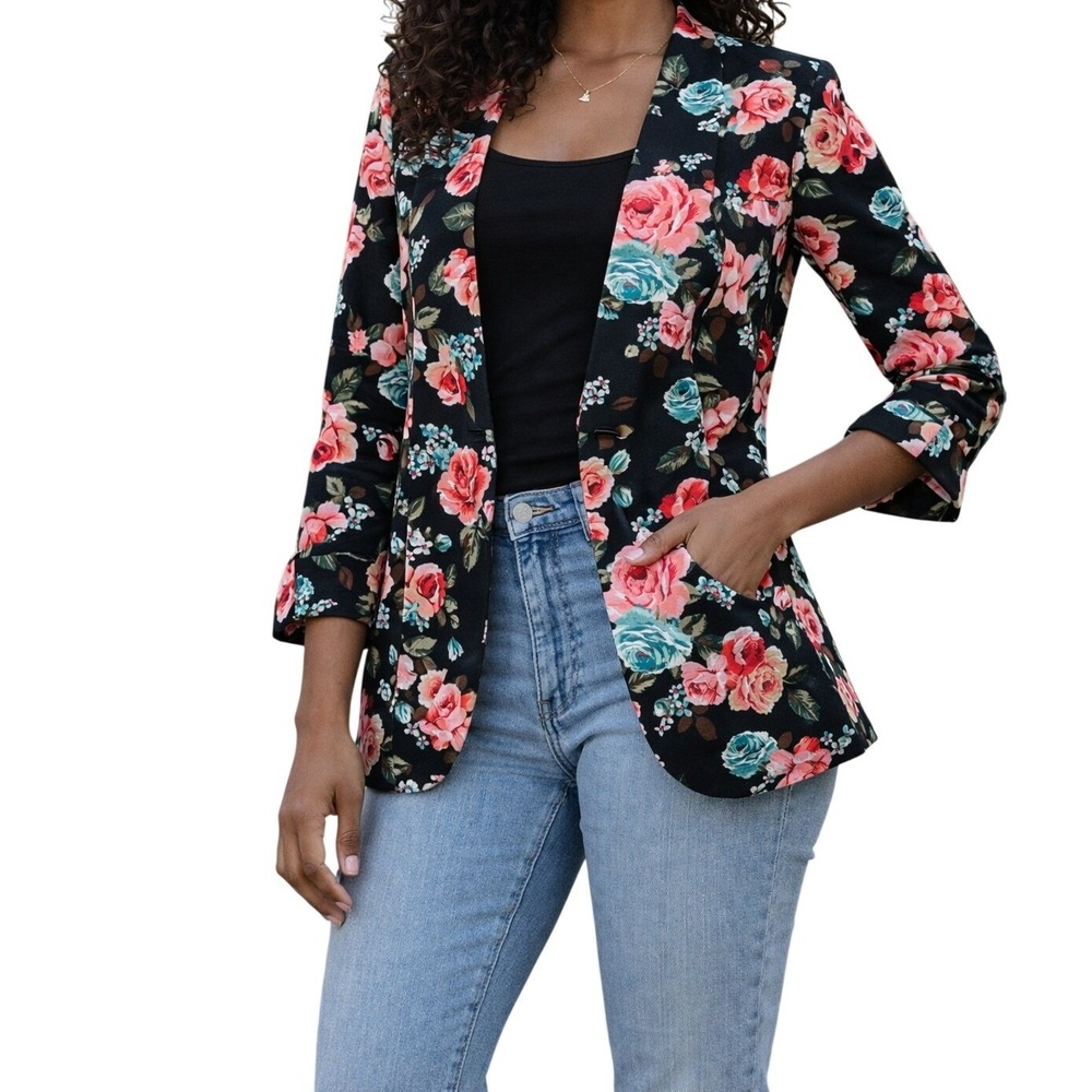 Floral Blazer Women Size L Black Pink Rose Ruched 3/4 Sleeve Single Button